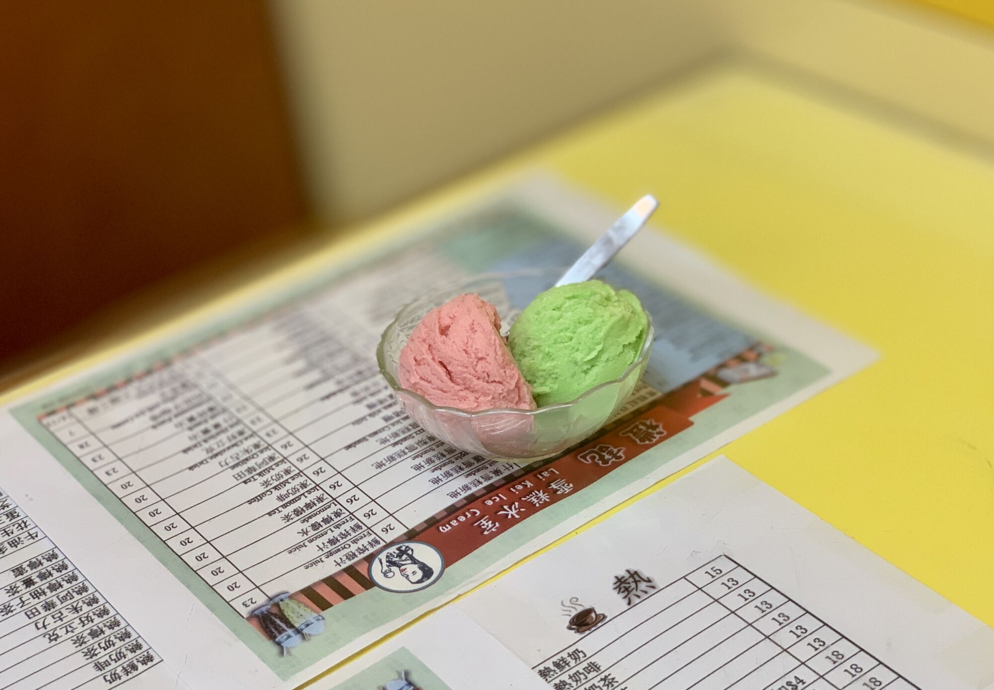 Lai Kei Ice Cream Shop Ice Cream Peppermint and Strawberry Scoops on the Table Macau Lifestyle