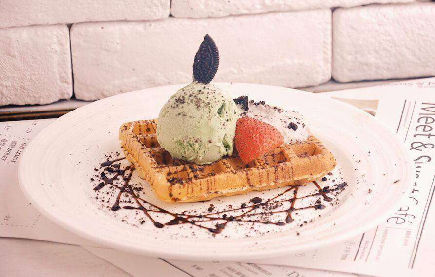 Waffle with ice cream and chocolate