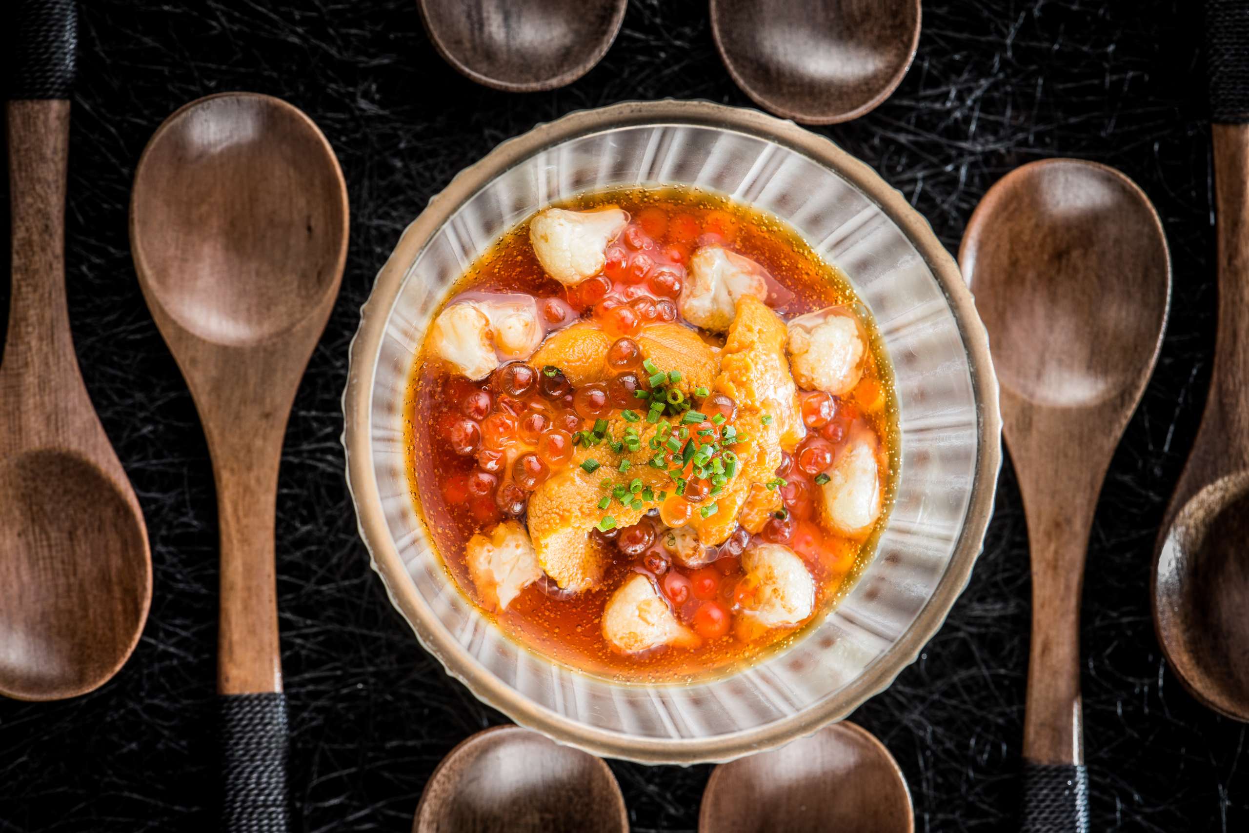 Cauliflower chawanmushi hokkaido uni and wild trout roe