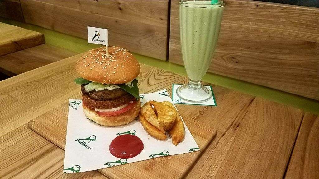 Puffin Vegan Portobello Burger and Avocado Smoothie