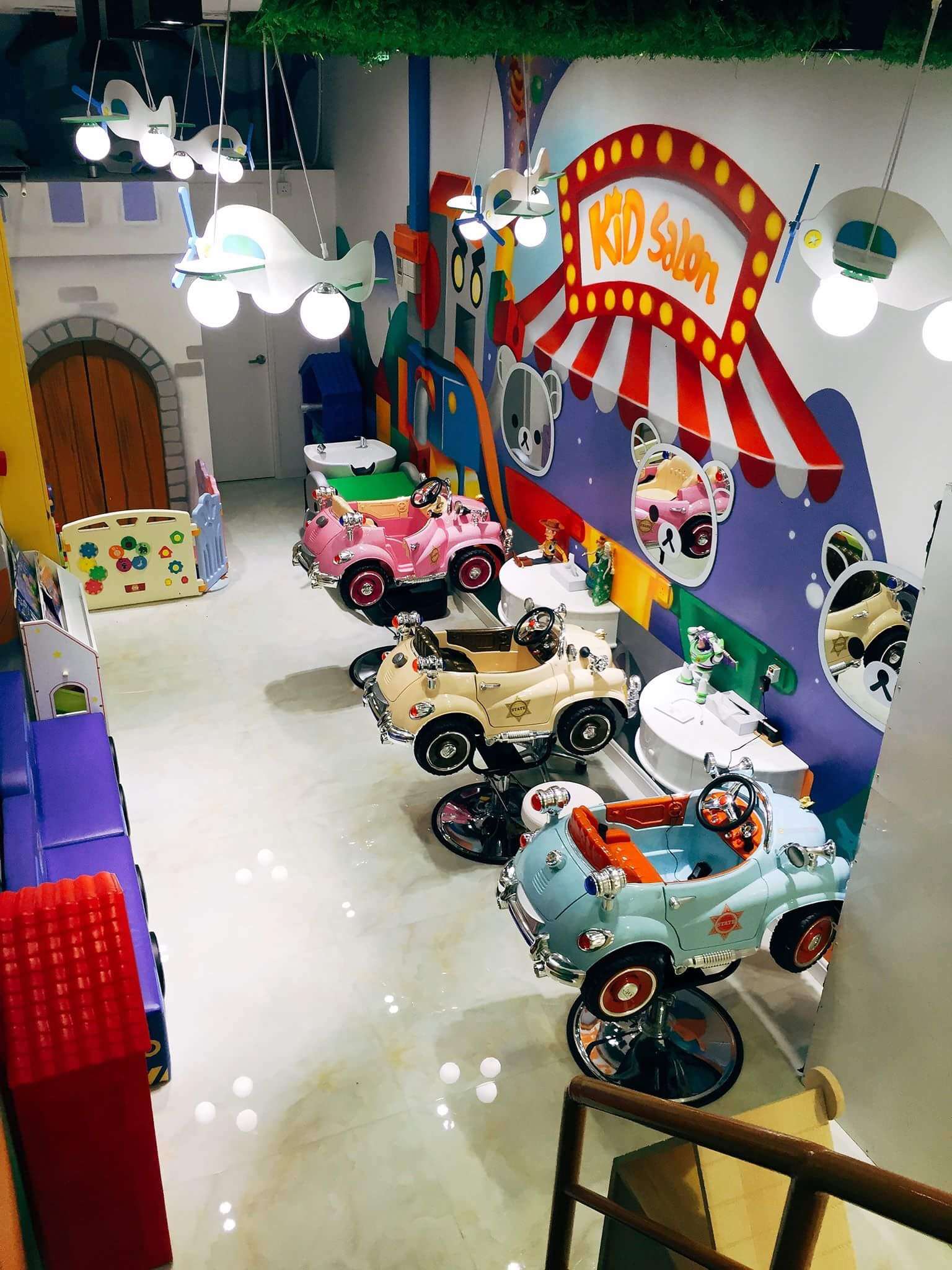 Hair salon for kids with toy cars for chairs