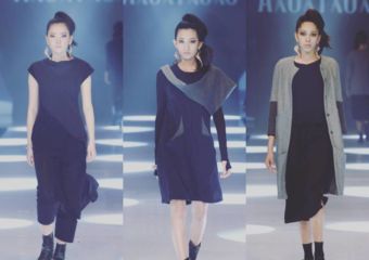 A composite of three different shots of models walking down a runway at a fashion show.