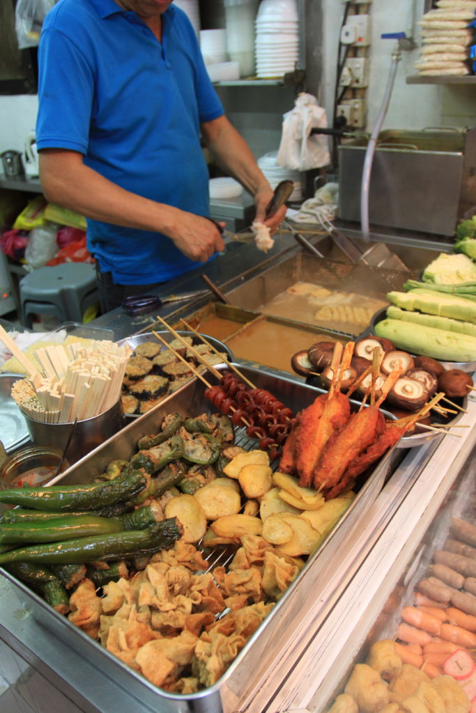 An array of food items available from a fishball stall in Macau. 