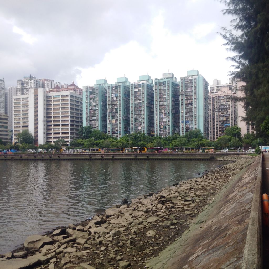 Harbor basin area of Fai Chi Kei district in Macau, with high rise buildings in background