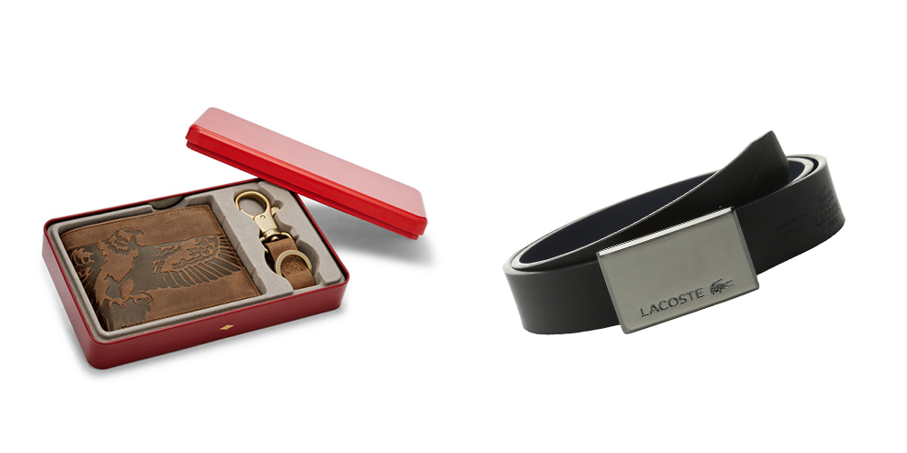 A leather wallet from Fossil and a leather belt from Lacoste