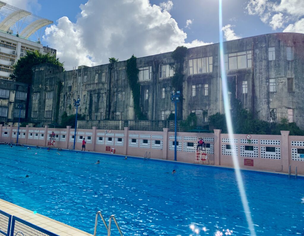 Tap Seac Swimming Pool Wide View from Below Sunny Day Macau Lifestyle