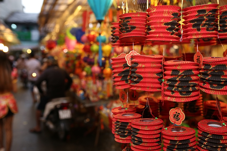 Red lanterns on the street in Macau