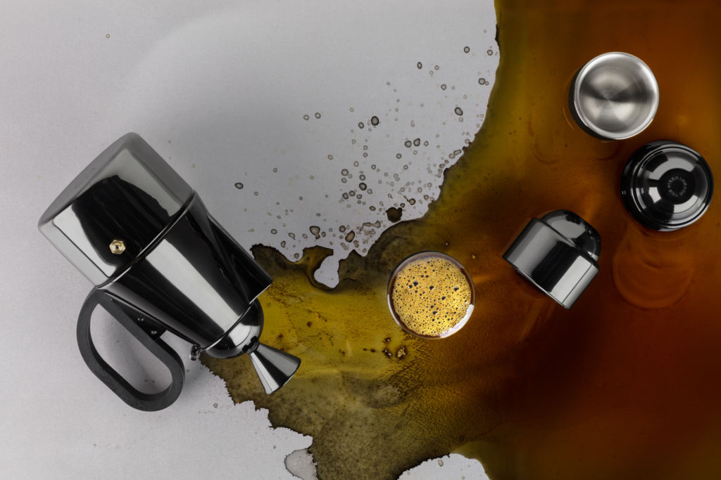 A Tom Dixon Brew Stovetop Giftset with spilled coffee.