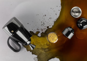 A Tom Dixon Brew Stovetop Giftset with spilled coffee.