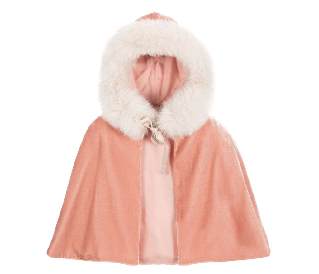 A pink-colored hooded throwover with fur lining.