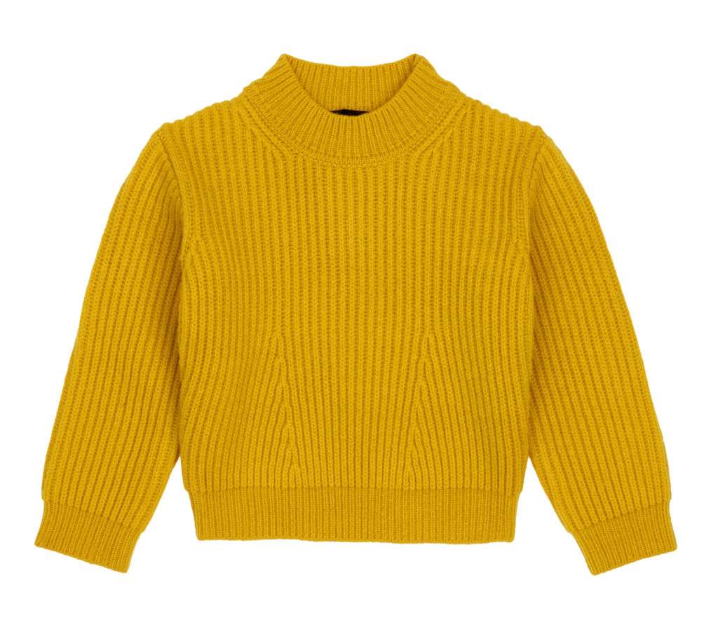 A mustard yellow cable knit sweater. 