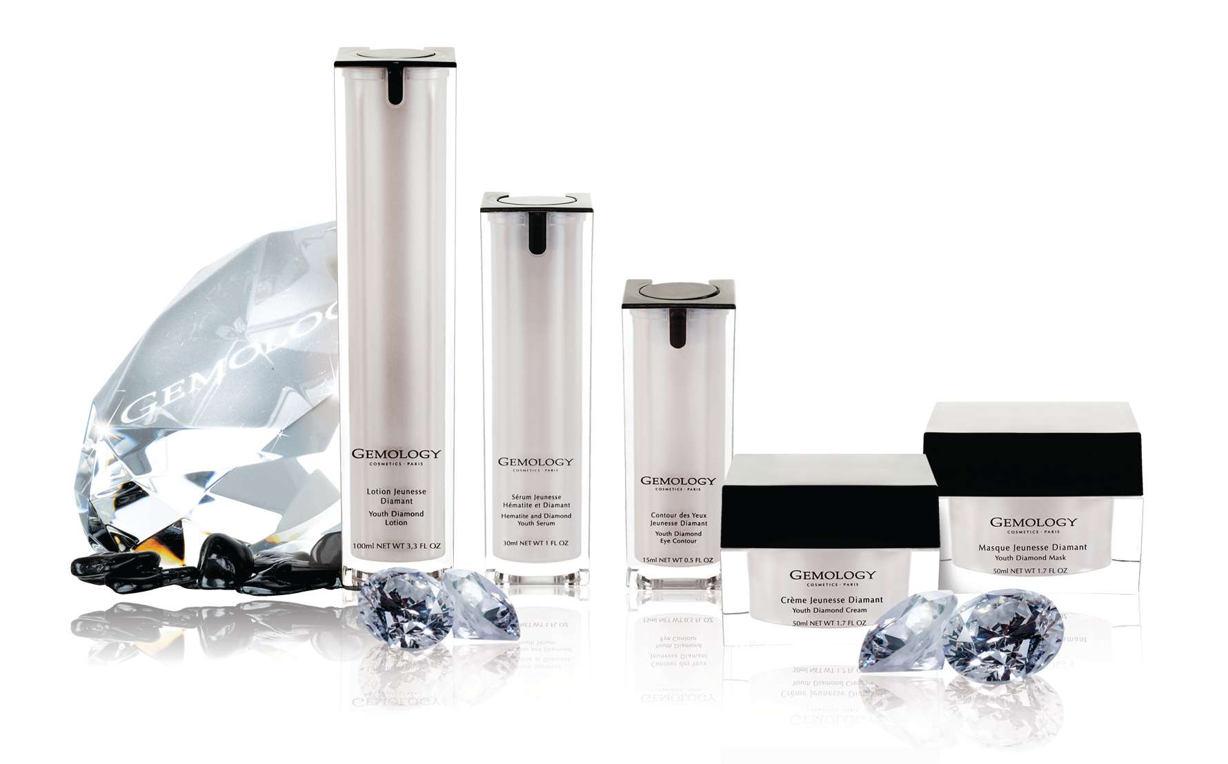 A collection of Gemology beauty products in pots and bottles.