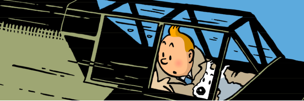 A picture of Tintin and his dog Snowy in an airplane. 