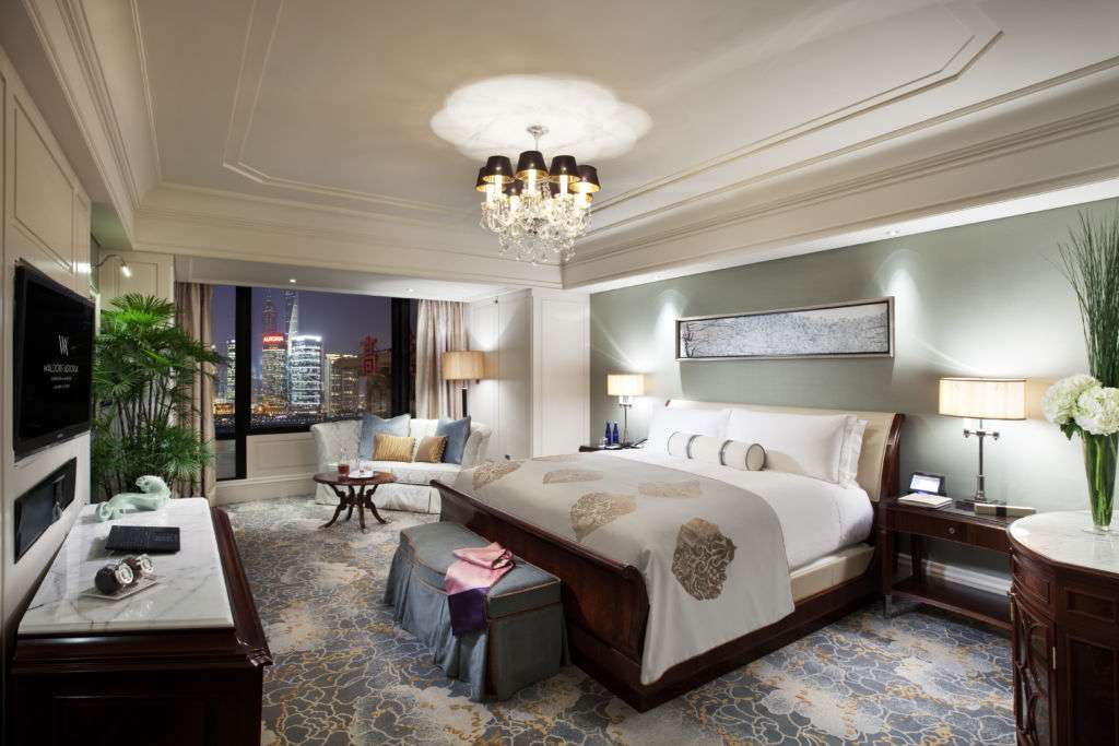 A guest room at the Waldorf-Astoria in Shanghai