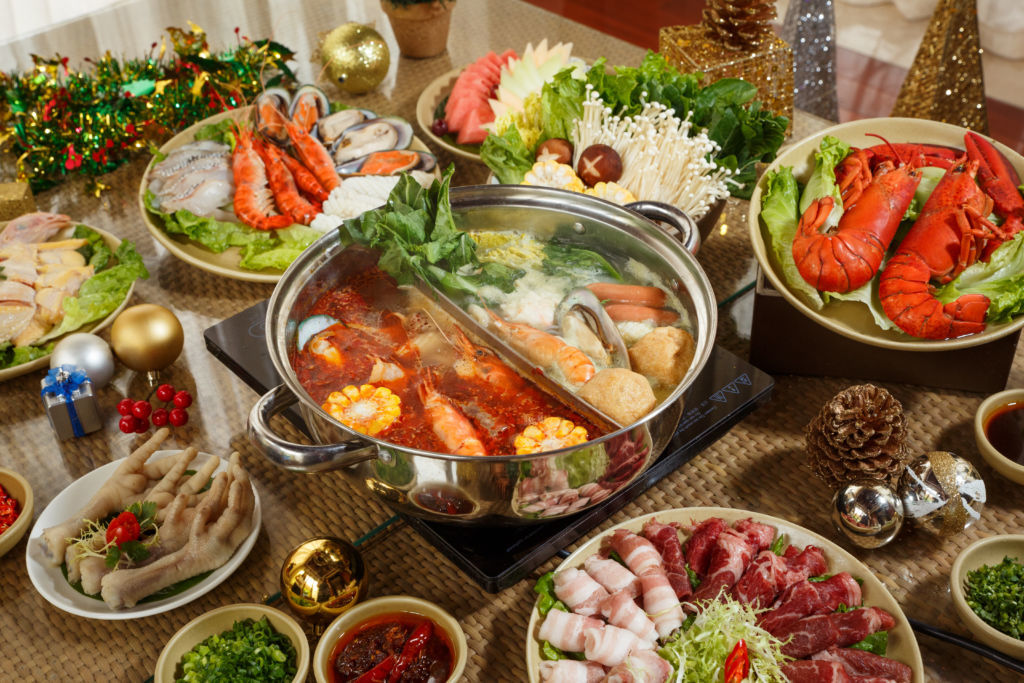 A hotpot with various ingredients.