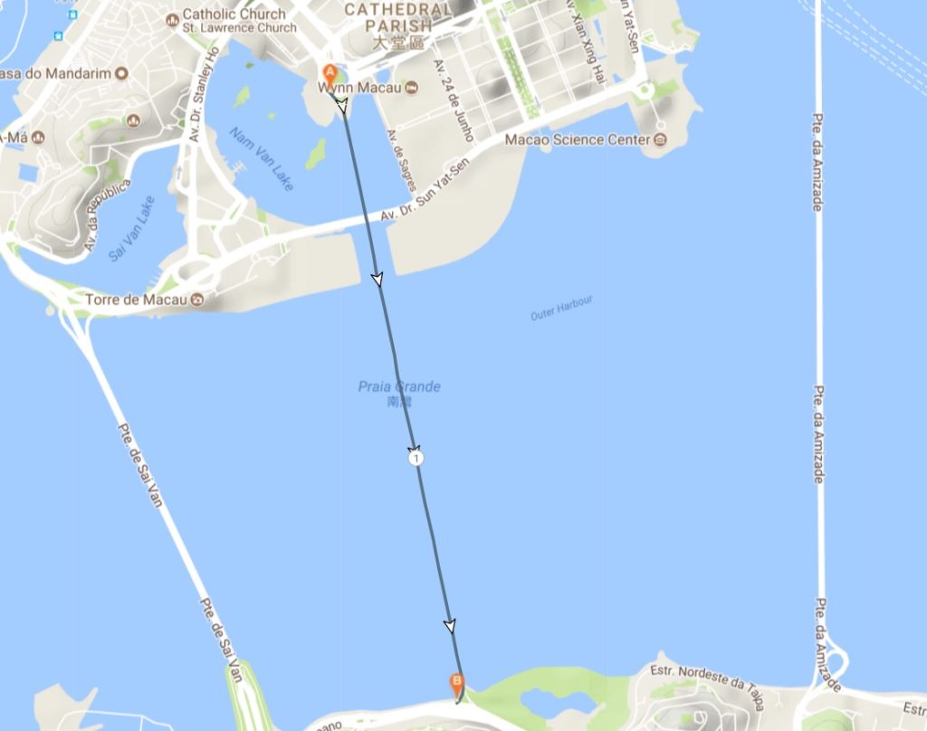 Map showing running course from Macau peninsula across bridge to Taipa. 