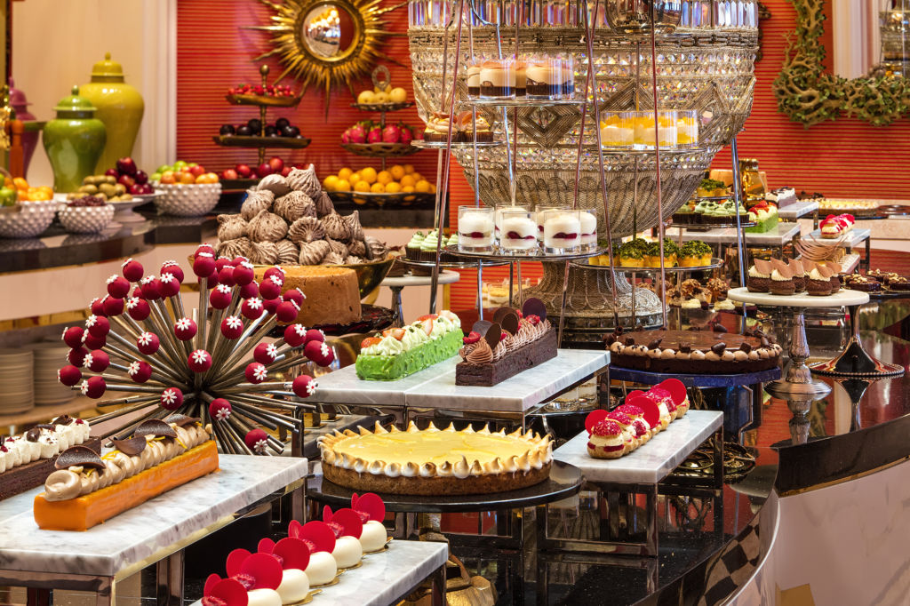 An array of chocolates and other sweets at a buffet. 