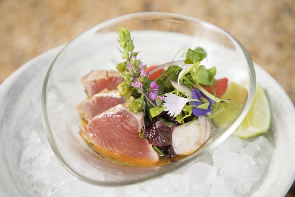 Zuma’s smoked katsuo with wasabi ponzu and pickled seasonal vegetables. Image Courtesy of Zuma Hong Kong