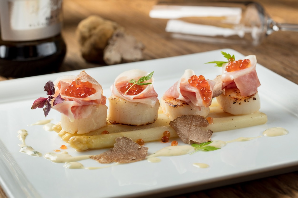 poached white asparagus, seared hokkaido scallops, guanciale cured pork ...