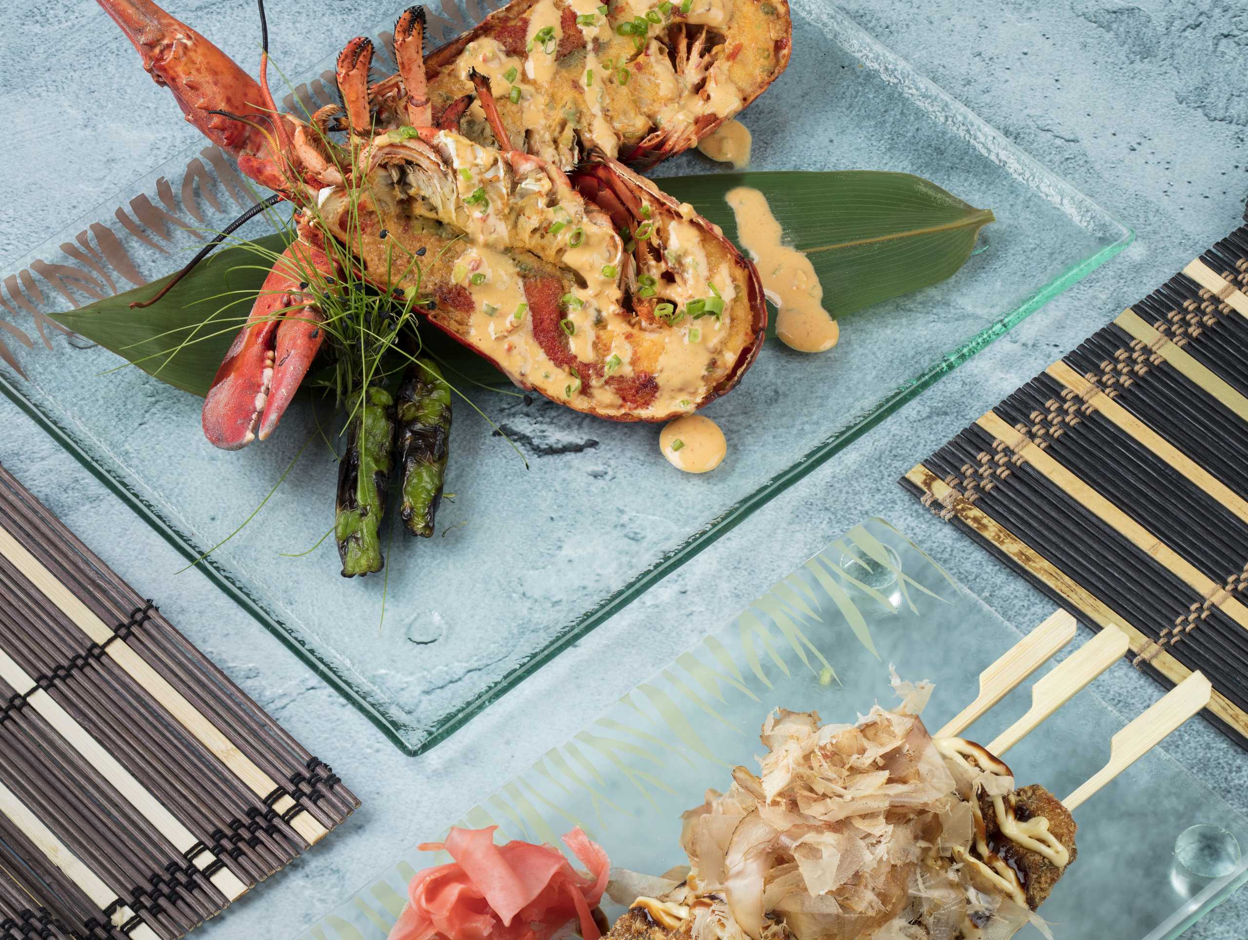 Palms Café and Bar Baked lobster with spicy lemon garlic sause, Beef agemono with kewpie mayo and katsuobushi