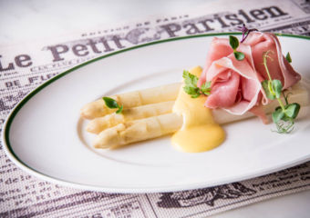 Warm white asparagus and Vendée cured ham, white wine sabayon gourmay