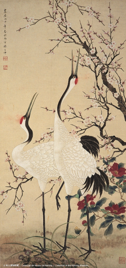 Cranes dance under plum tree Hanging scroll, colour on paper-Art Macao