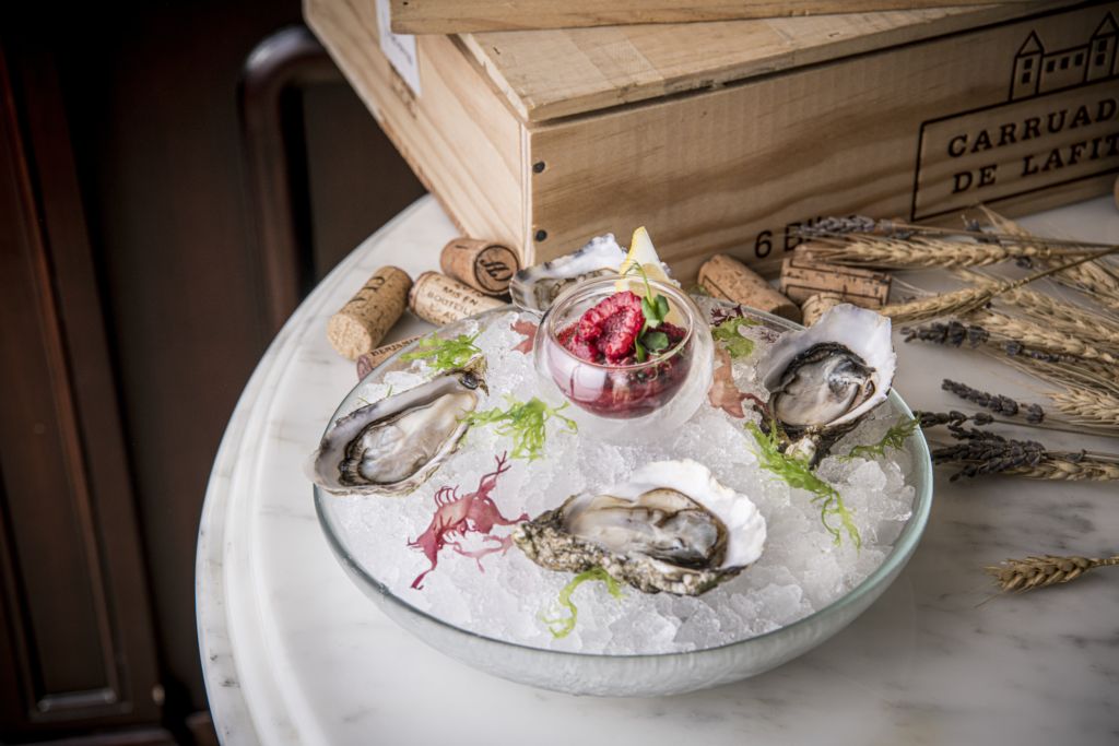 Arcachon oysters with fresh raspberry dressing Brasserie Bordeaux Menu
