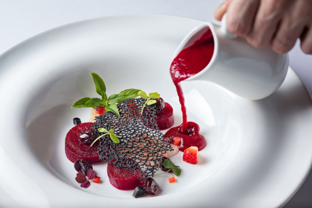aqua Chilled beetroot, Champagne jelly & summer fruits gazpacho with homegrown oxalis (V)