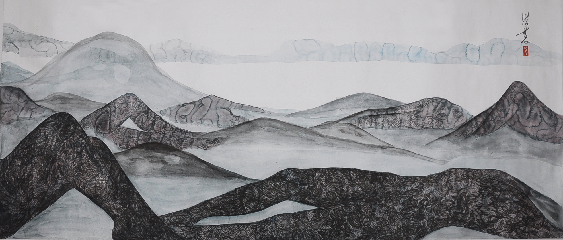 femenine landscape, ink and coloron silver rice paper, 170X70cm, 2019