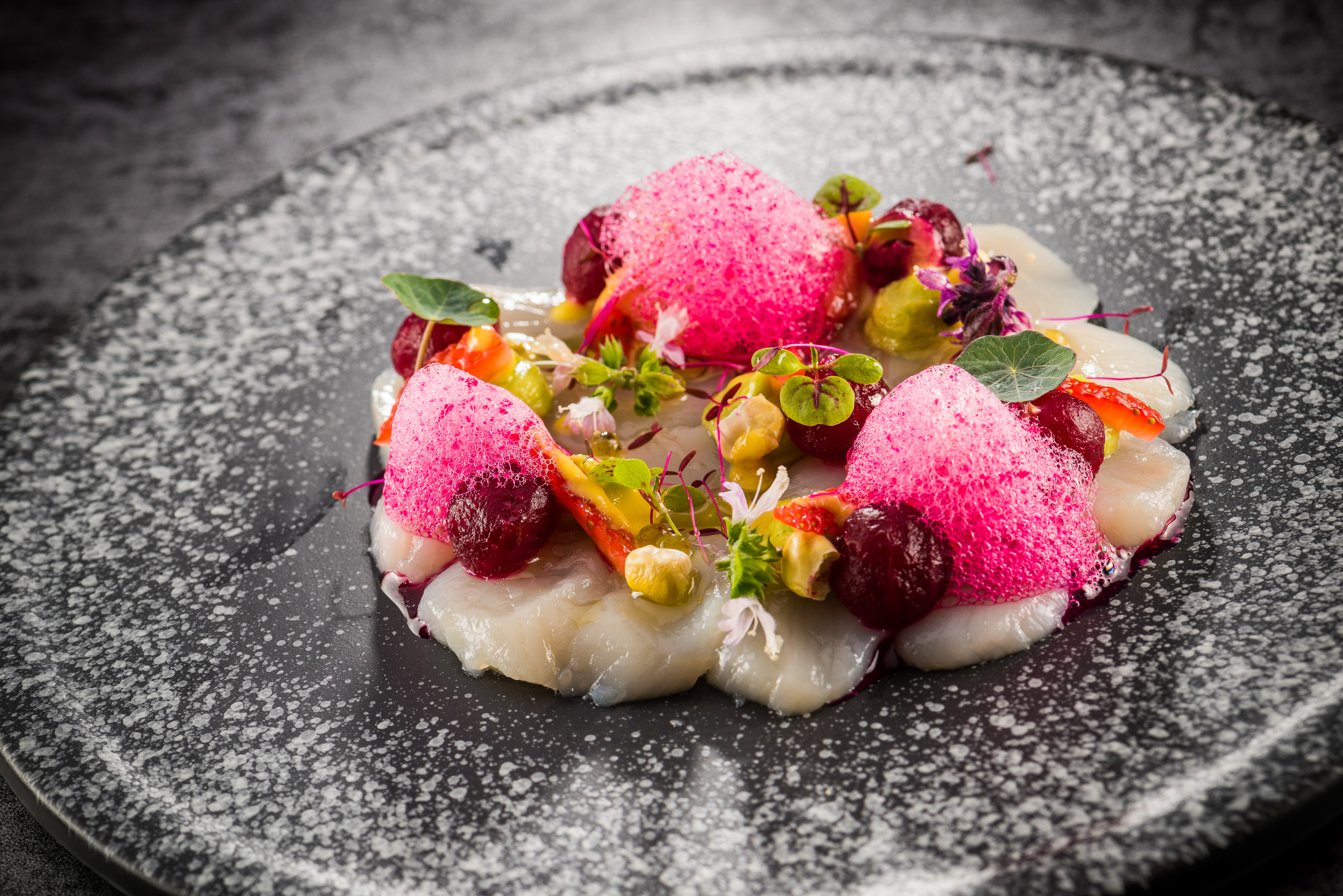Scallop Ceviche with Beetroot, Corn, Avocado, & Strawberries from Barcelona Restaurant Taipa Village