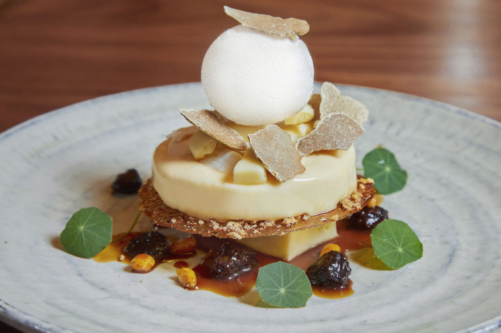 ZUMA White truffle and cheese pancake soufflé with caramelised pecan crunch and lemon sorbet – HKD390