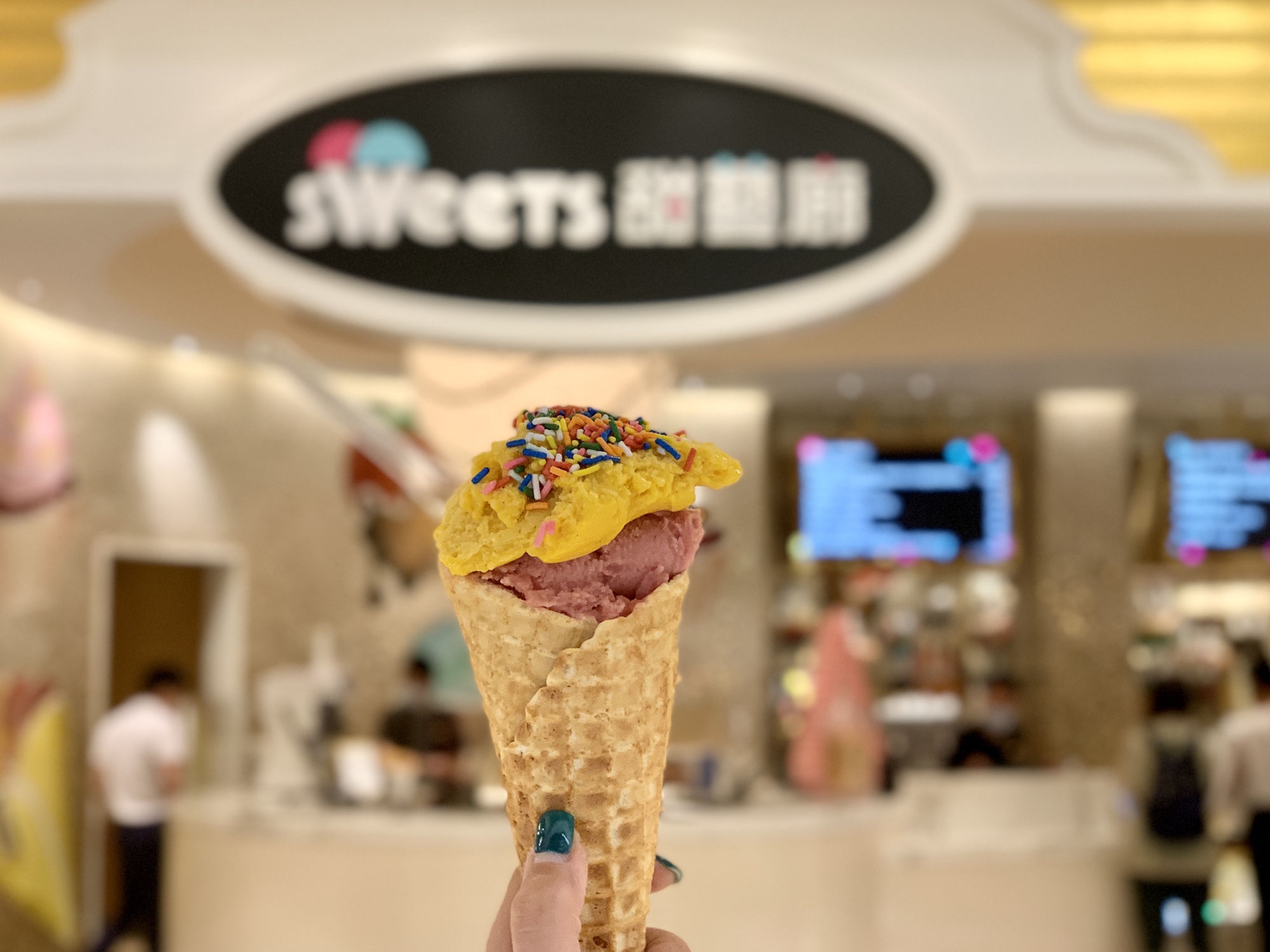 Passionfruit and banana and raspberry lychee and rose ice cream cone from Sweets at Wynn Palace Macau Lifestyle
