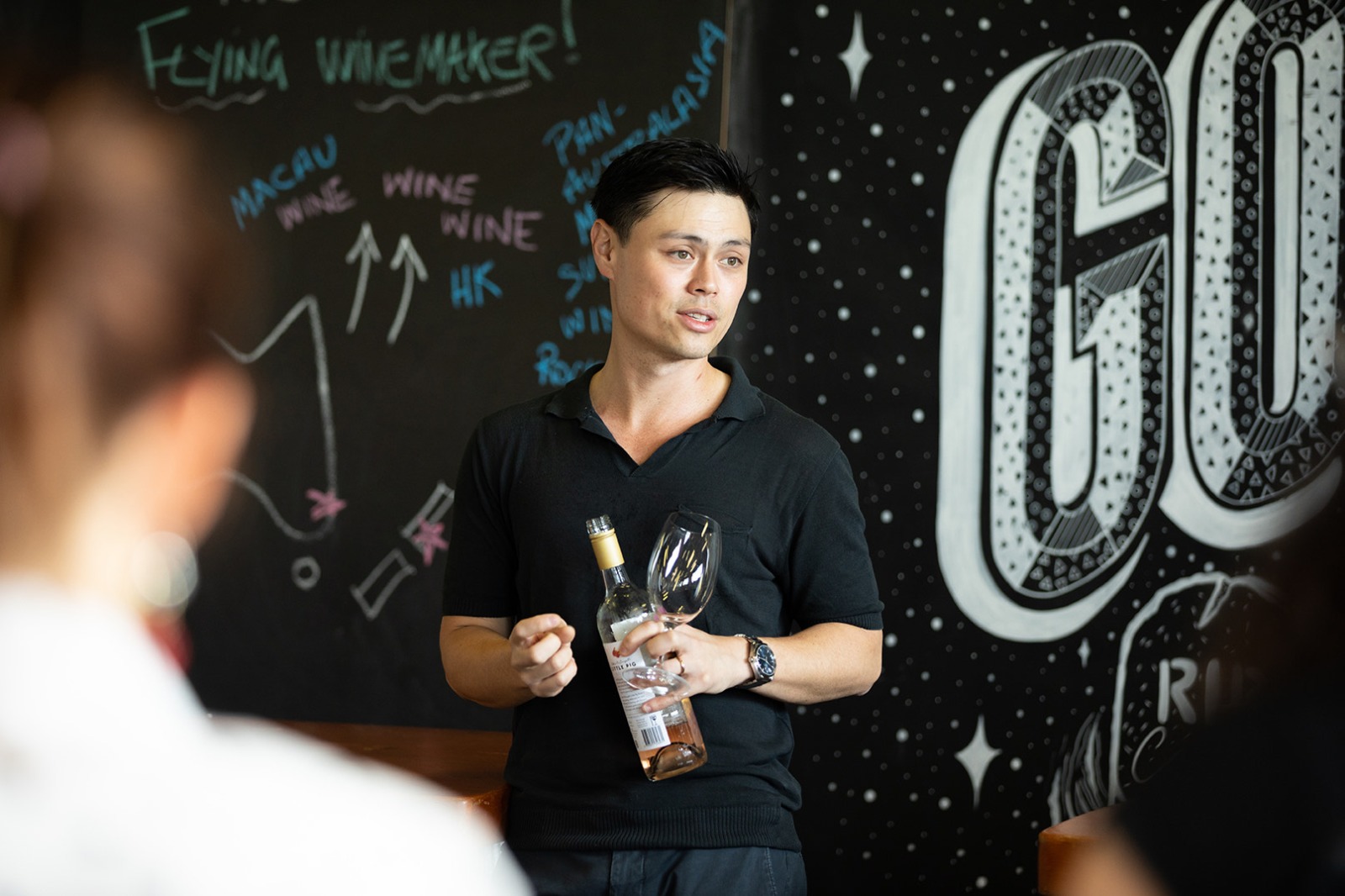The Flying Winemaker – One Day Express Crash Course in Wine – Macau – Eddie McDougall presenting the wine