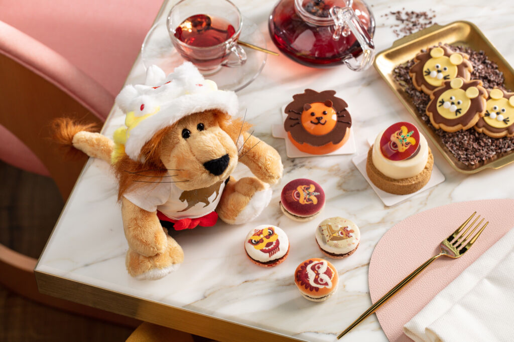 Lion pastries top shot with lion plushie MGM Cotai Anytime Afternoon Tea