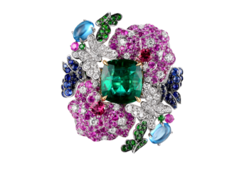 Faberge x James Ganh Flora and Fauna White and Yellow Gold Cushion Cut Emerald and Multicolor Gemstone Transformable Ring Earrings