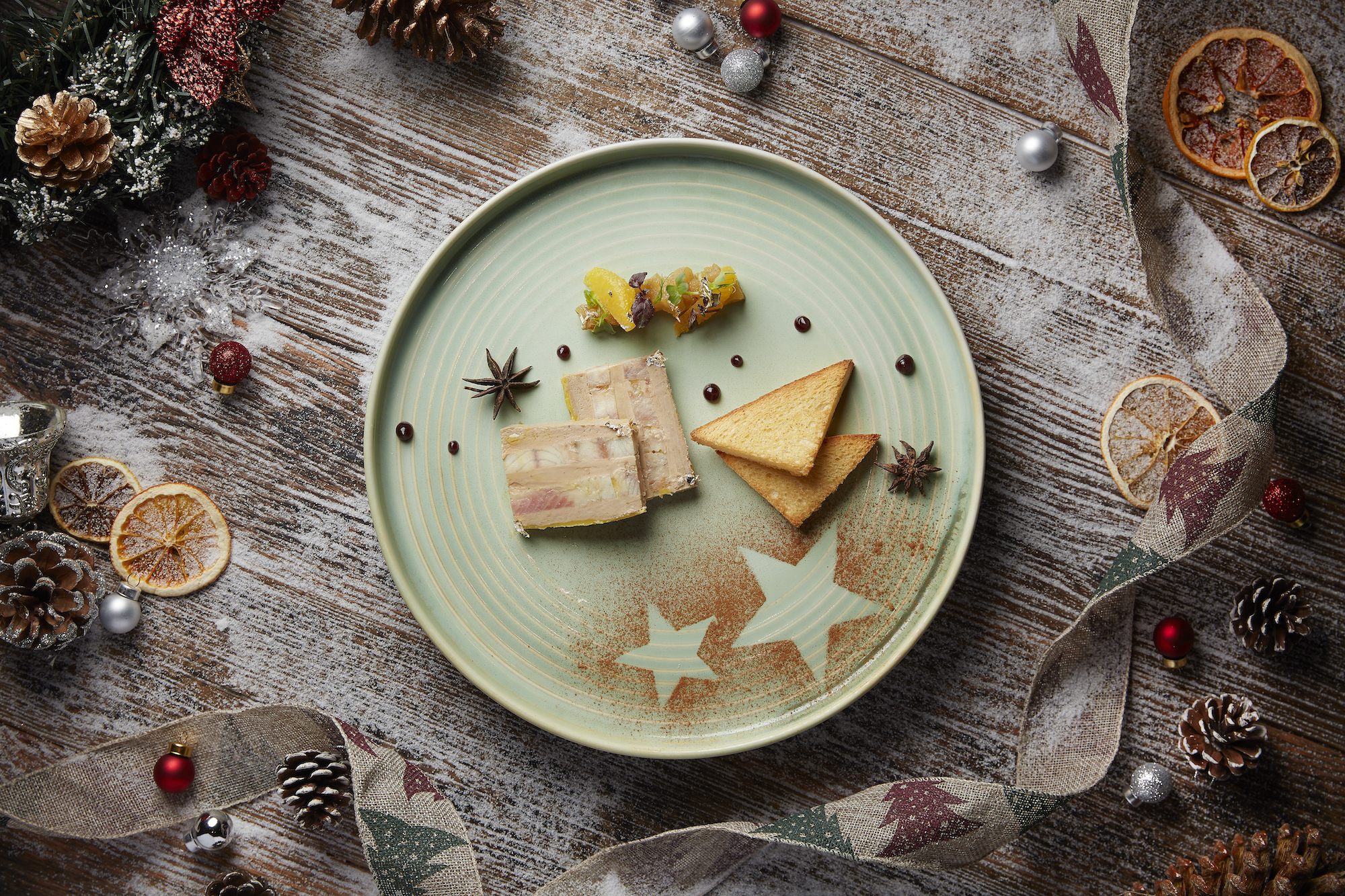 Foie gras and smoked eel terrine, golden brioche Christmas at Churchills Table